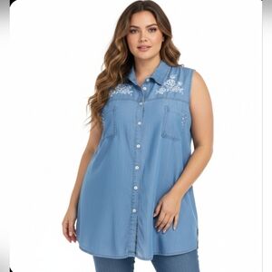 Claire France Chambray Sleeveless Denim Boho/western Lyocel Top, Plus Size 24